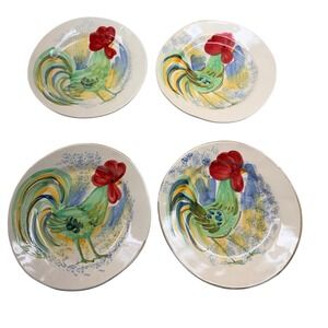 Vintage Vietri Aurora Salad Plates 9" Rooster Hand Painted Italian Pottery 4pc